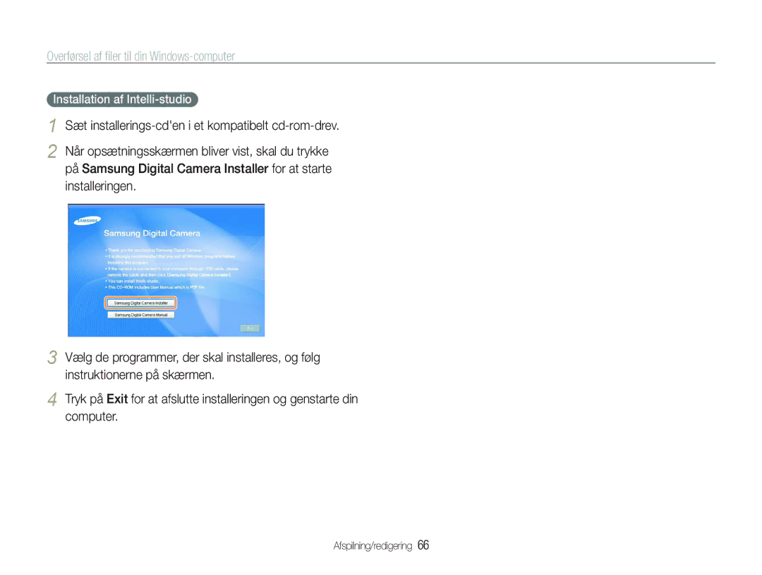 Samsung EC-PL20ZZBPBE2, EC-PL21ZZBPBE2 manual Overførsel af ﬁler til din Windows-computer, Installation af Intelli-studio 