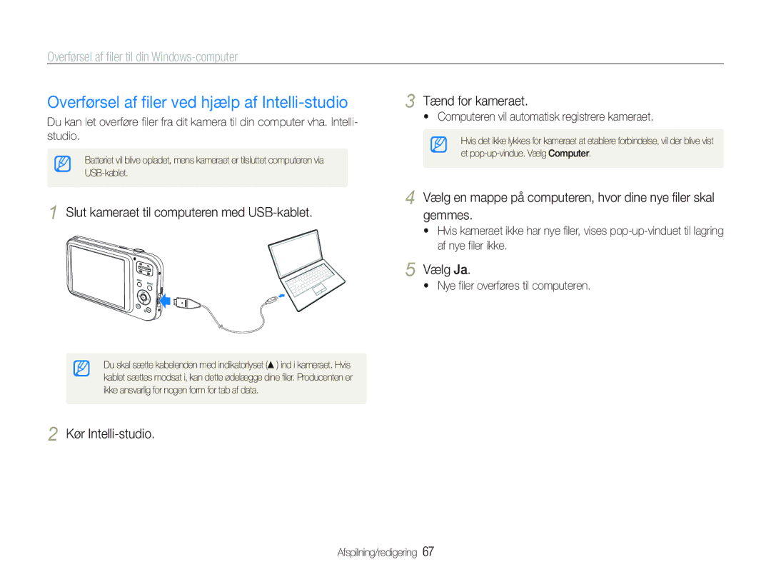 Samsung EC-PL21ZZBPRE2 manual Overførsel af filer ved hjælp af Intelli-studio, Slut kameraet til computeren med USB-kablet 