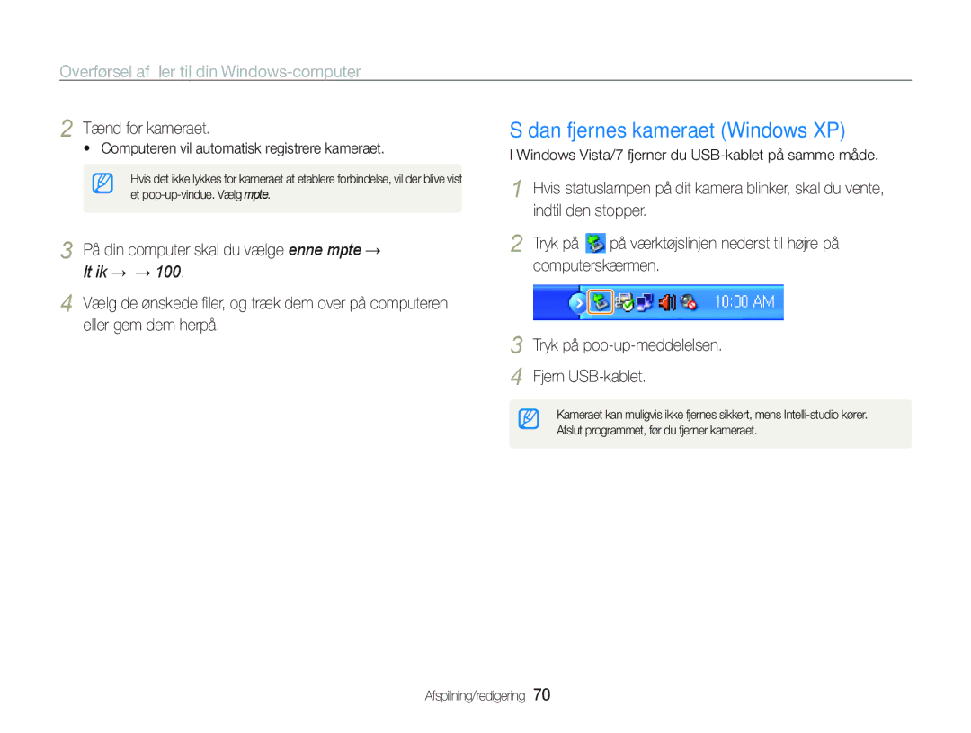 Samsung EC-PL21ZZBPPE2, EC-PL21ZZBPBE2, EC-PL20ZZBPSE2, EC-PL20ZZBPPE2 Sådan fjernes kameraet Windows XP, Tænd for kameraet 