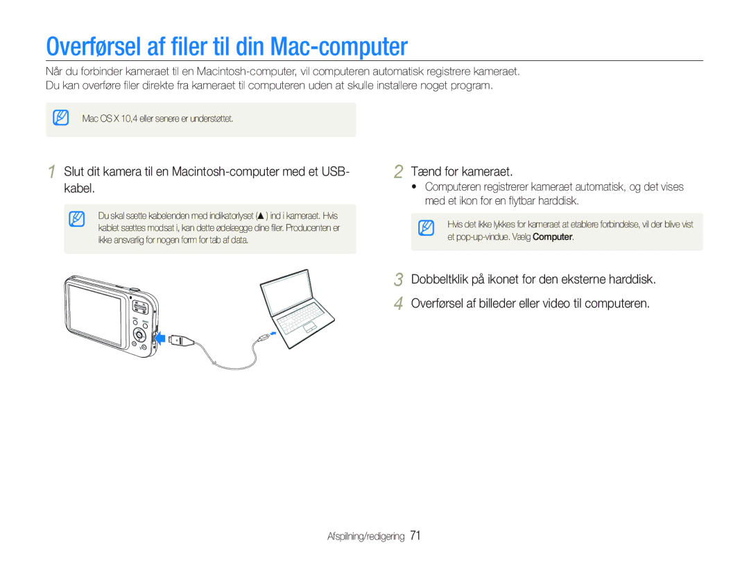 Samsung EC-PL20ZZBPSE2, EC-PL21ZZBPBE2, EC-PL21ZZBPPE2, EC-PL20ZZBPPE2 manual Overførsel af ﬁler til din Mac-computer 