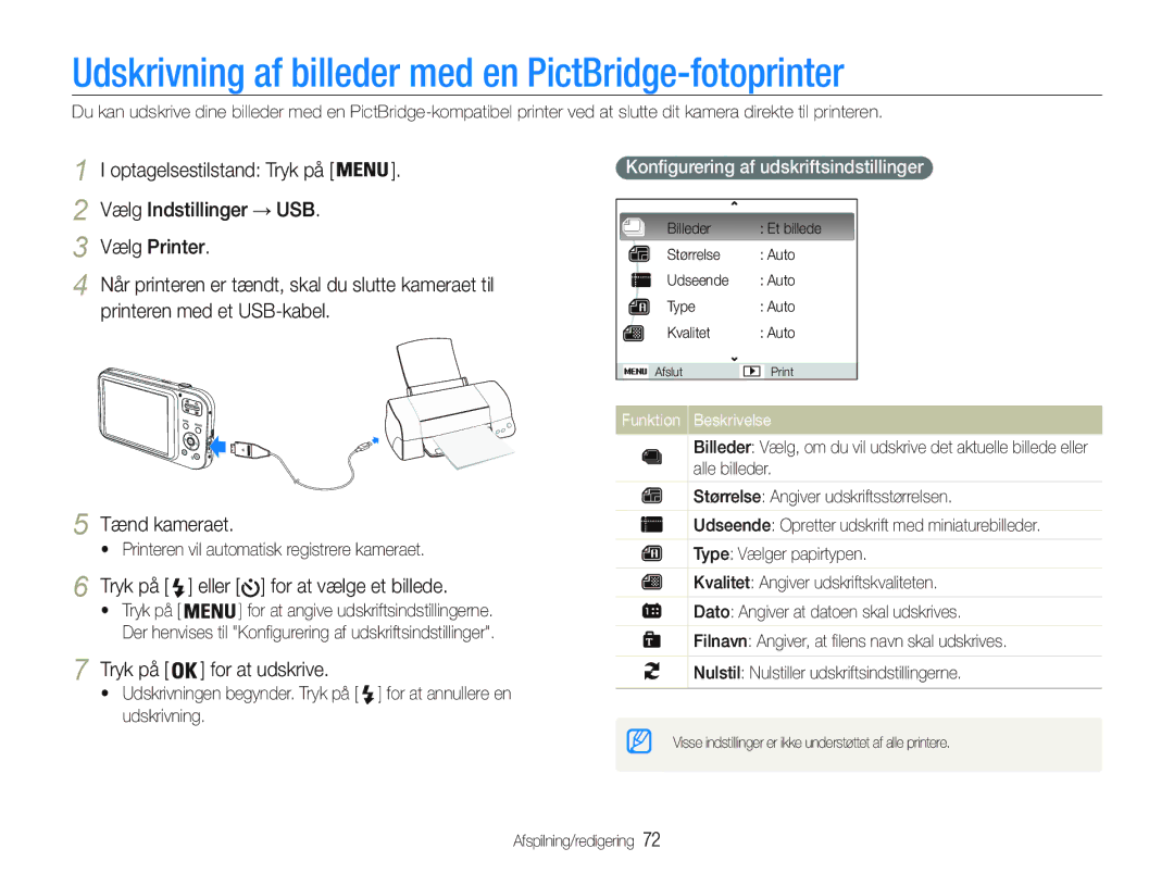 Samsung EC-PL20ZZBPPE2 manual Udskrivning af billeder med en PictBridge-fotoprinter, Vælg Indstillinger USB Vælg Printer 