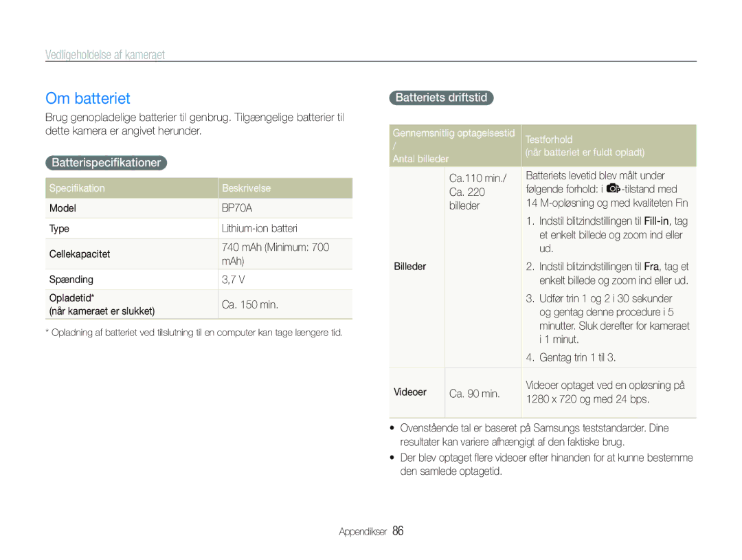 Samsung EC-PL20ZZBPPE2 manual Om batteriet, Batterispecifikationer Batteriets driftstid, Testforhold, Antal billeder 