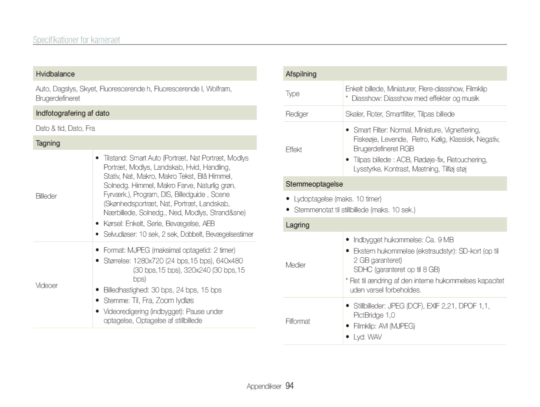 Samsung EC-PL20ZZBPBE2, EC-PL21ZZBPBE2, EC-PL21ZZBPPE2, EC-PL20ZZBPSE2, EC-PL20ZZBPPE2 manual Speciﬁkationer for kameraet 
