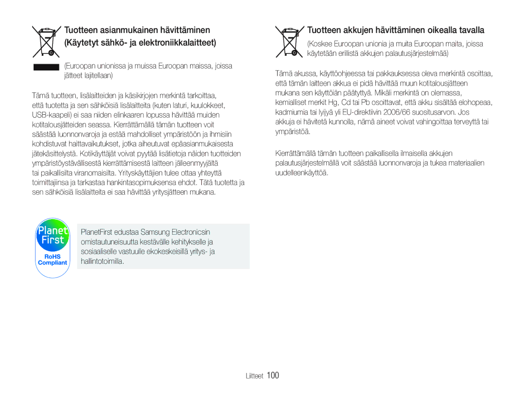 Samsung EC-PL20ZZBPPE2, EC-PL21ZZBPBE2, EC-PL21ZZBPPE2, EC-PL20ZZBPSE2 manual Tuotteen akkujen hävittäminen oikealla tavalla 