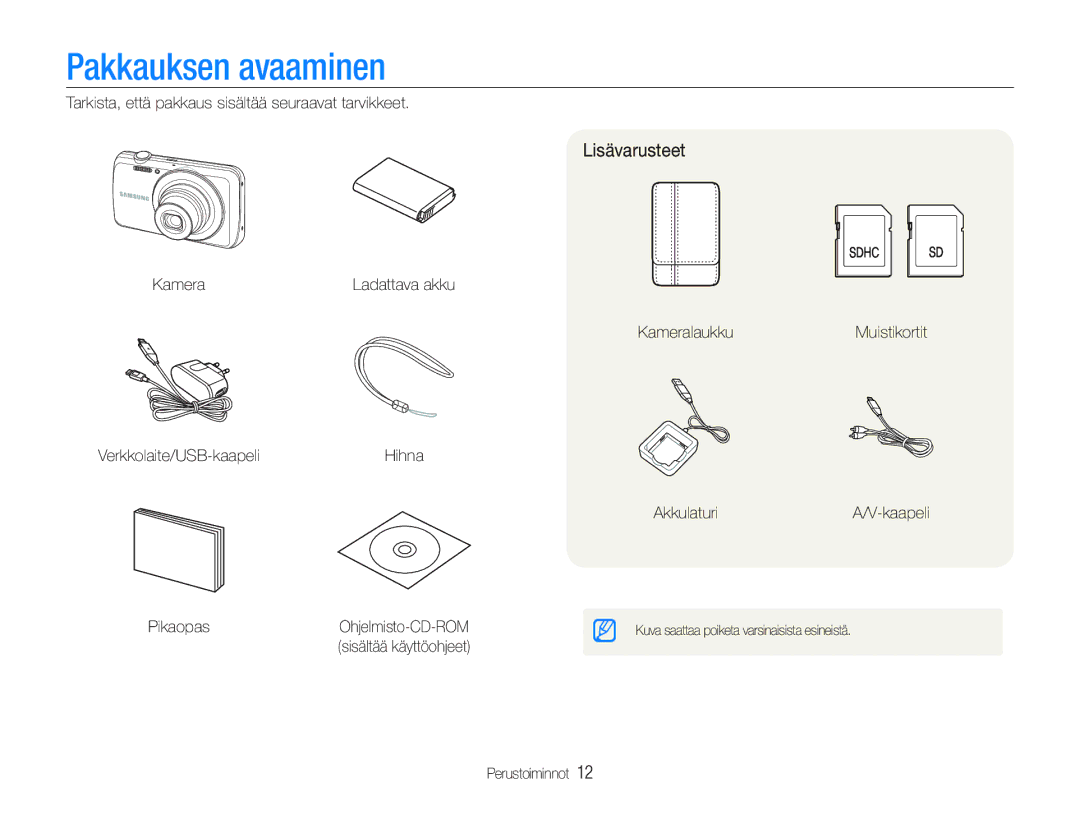 Samsung EC-PL20ZZBPRE2, EC-PL21ZZBPBE2, EC-PL21ZZBPPE2, EC-PL20ZZBPSE2, EC-PL20ZZBPPE2 Pakkauksen avaaminen, Lisävarusteet 