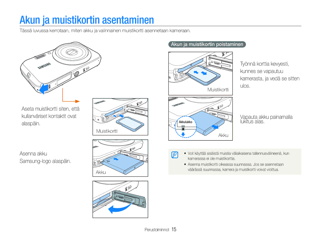 Samsung EC-PL20ZZBPSE2, EC-PL21ZZBPBE2 Akun ja muistikortin asentaminen, Työnnä korttia kevyesti, Kunnes se vapautuu, Ulos 