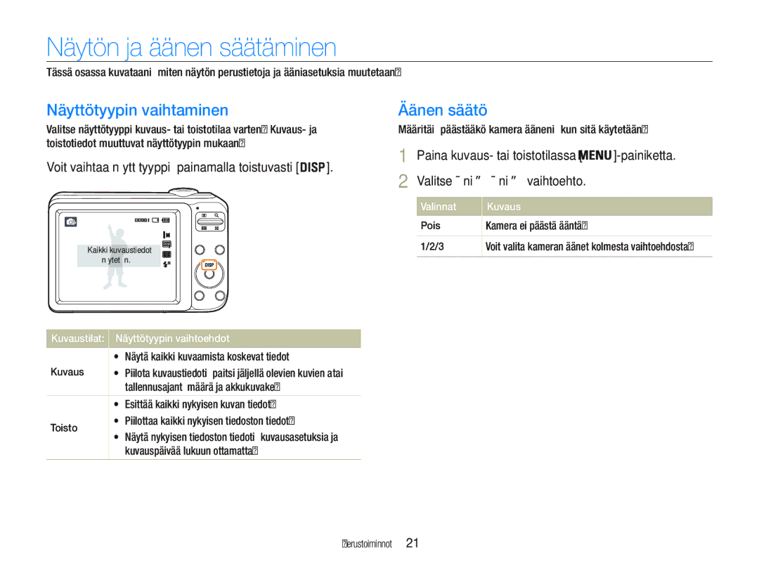 Samsung EC-PL21ZZBPPE2, EC-PL21ZZBPBE2, EC-PL20ZZBPSE2 Näytön ja äänen säätäminen, Näyttötyypin vaihtaminen, Äänen säätö 