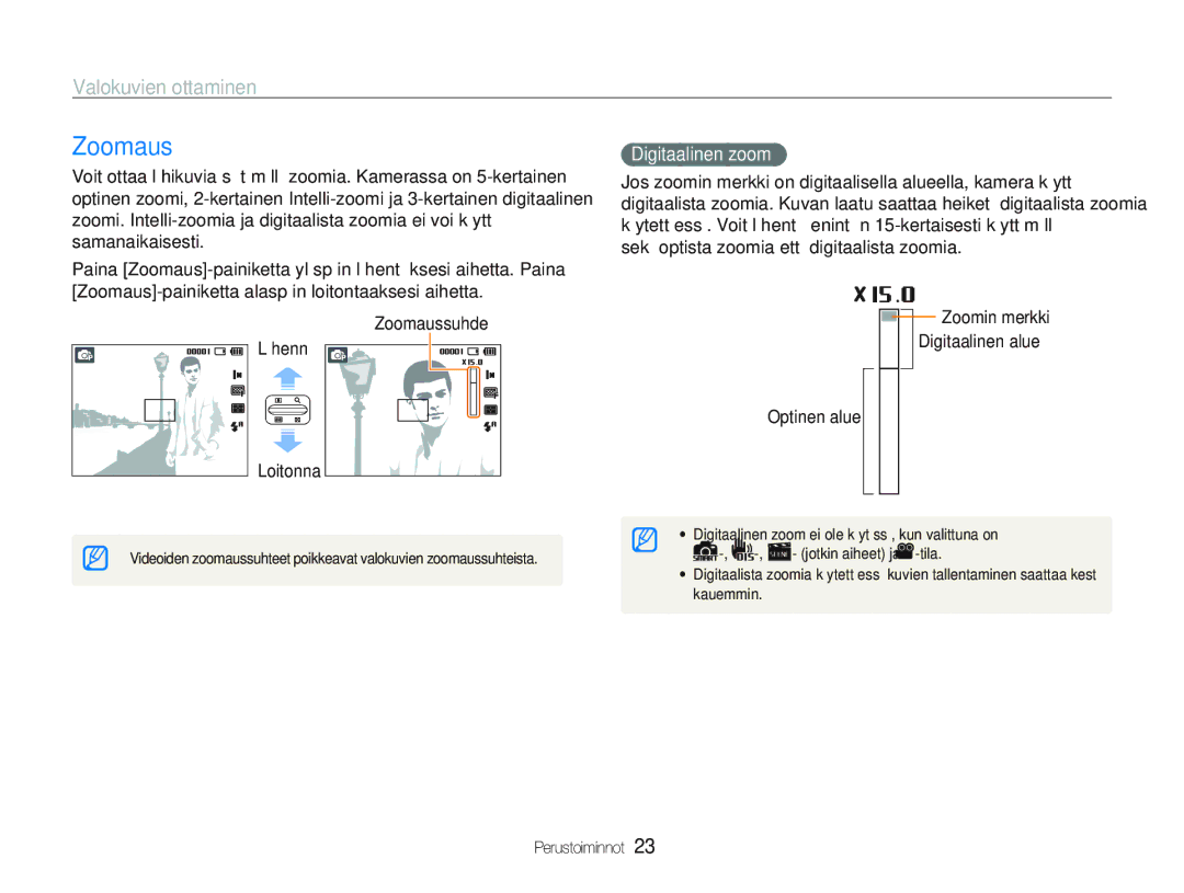 Samsung EC-PL20ZZBPPE2, EC-PL21ZZBPBE2, EC-PL21ZZBPPE2, EC-PL20ZZBPSE2 manual Zoomaus, Valokuvien ottaminen, Digitaalinen zoom 
