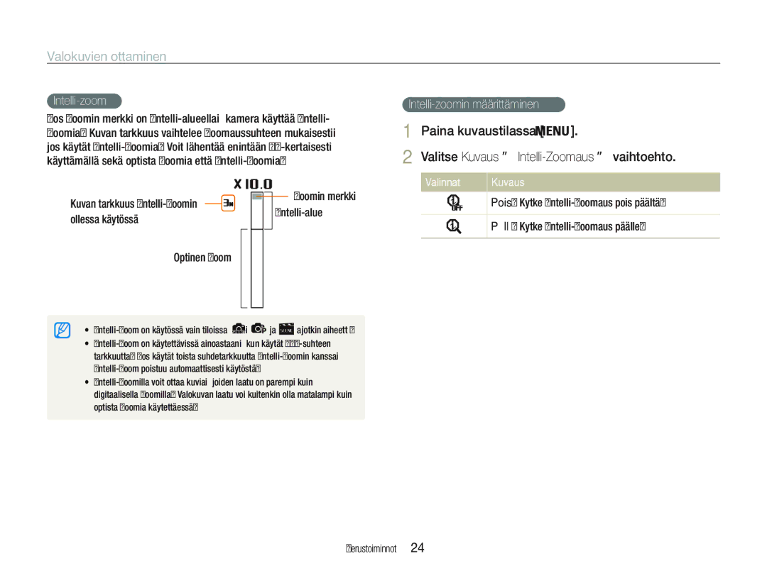 Samsung EC-PL20ZZBPBE2 manual Intelli-zoomin määrittäminen, Valitse Kuvaus Intelli-Zoomaus vaihtoehto, Optinen zoom 