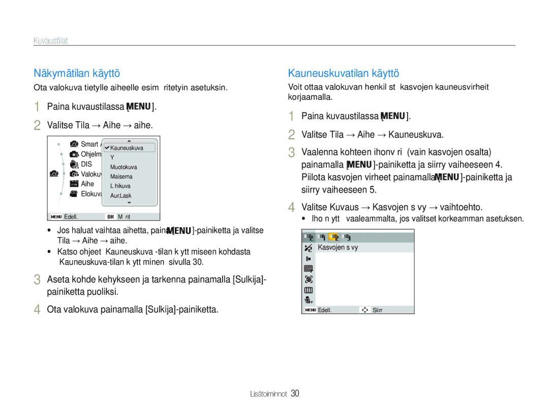 Samsung EC-PL20ZZBPPE2, EC-PL21ZZBPBE2, EC-PL21ZZBPPE2, EC-PL20ZZBPSE2 manual Näkymätilan käyttö, Kauneuskuvatilan käyttö 