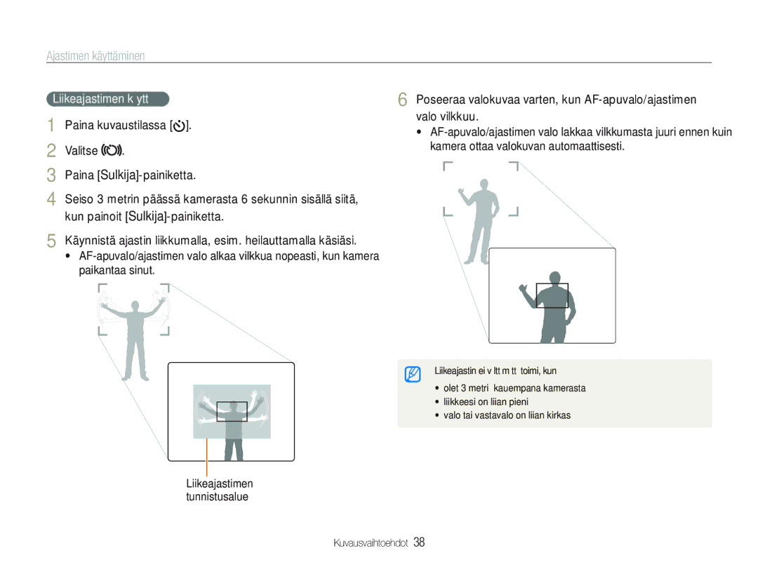 Samsung EC-PL20ZZBPBE2 manual Ajastimen käyttäminen, Valitse Paina Sulkija-painiketta, Kun painoit Sulkija-painiketta 