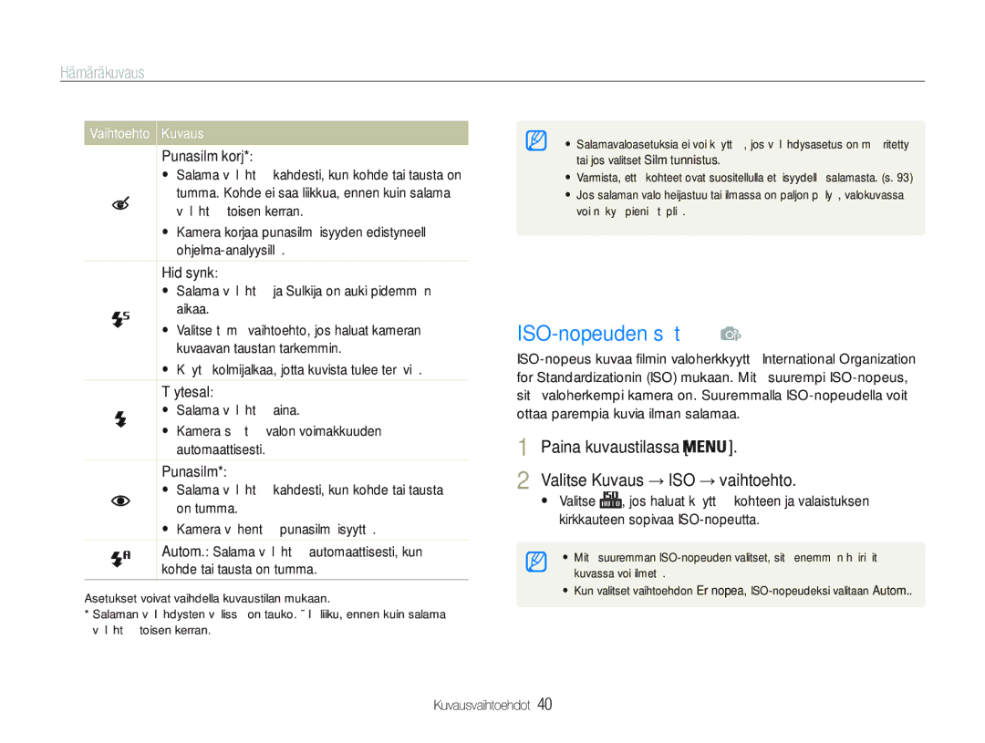 Samsung EC-PL20ZZBPRE2 manual ISO-nopeuden säätö, Hämäräkuvaus, Paina kuvaustilassa Valitse Kuvaus ISO, Vaihtoehto 