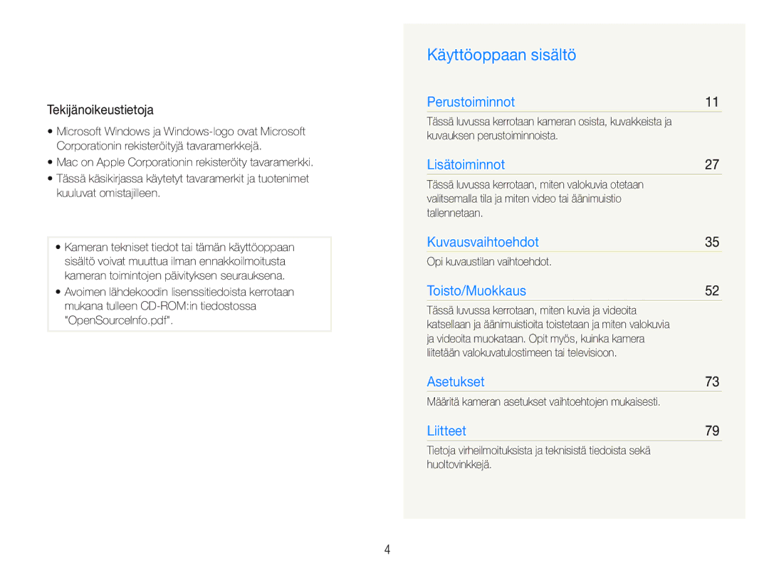 Samsung EC-PL21ZZBPRE2, EC-PL21ZZBPBE2, EC-PL21ZZBPPE2, EC-PL20ZZBPSE2 manual Käyttöoppaan sisältö, Tekijänoikeustietoja 