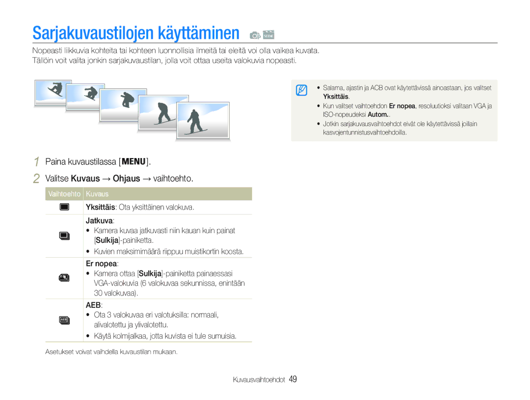 Samsung EC-PL21ZZBPPE2, EC-PL21ZZBPBE2, EC-PL20ZZBPSE2 manual Sarjakuvaustilojen käyttäminen, Valitse Kuvaus Ohjaus 