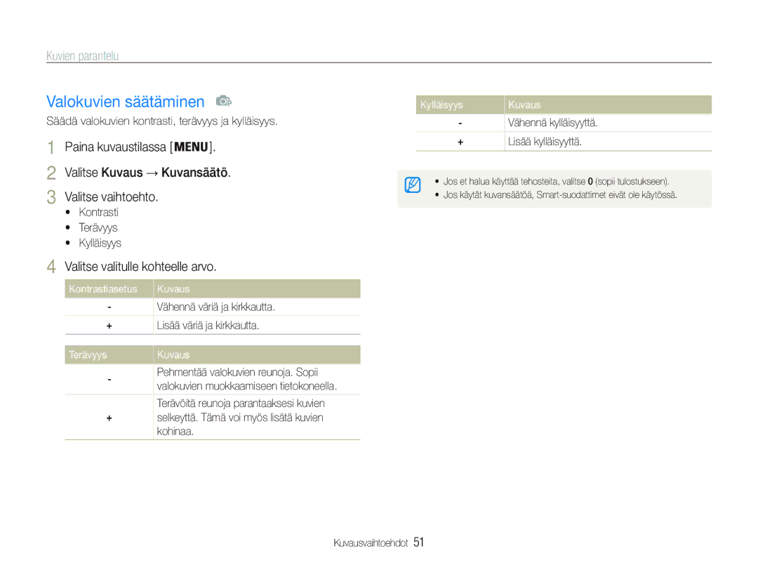 Samsung EC-PL20ZZBPPE2 manual Valokuvien säätäminen, Kuvien parantelu, Valitse vaihtoehto, Valitse valitulle kohteelle arvo 