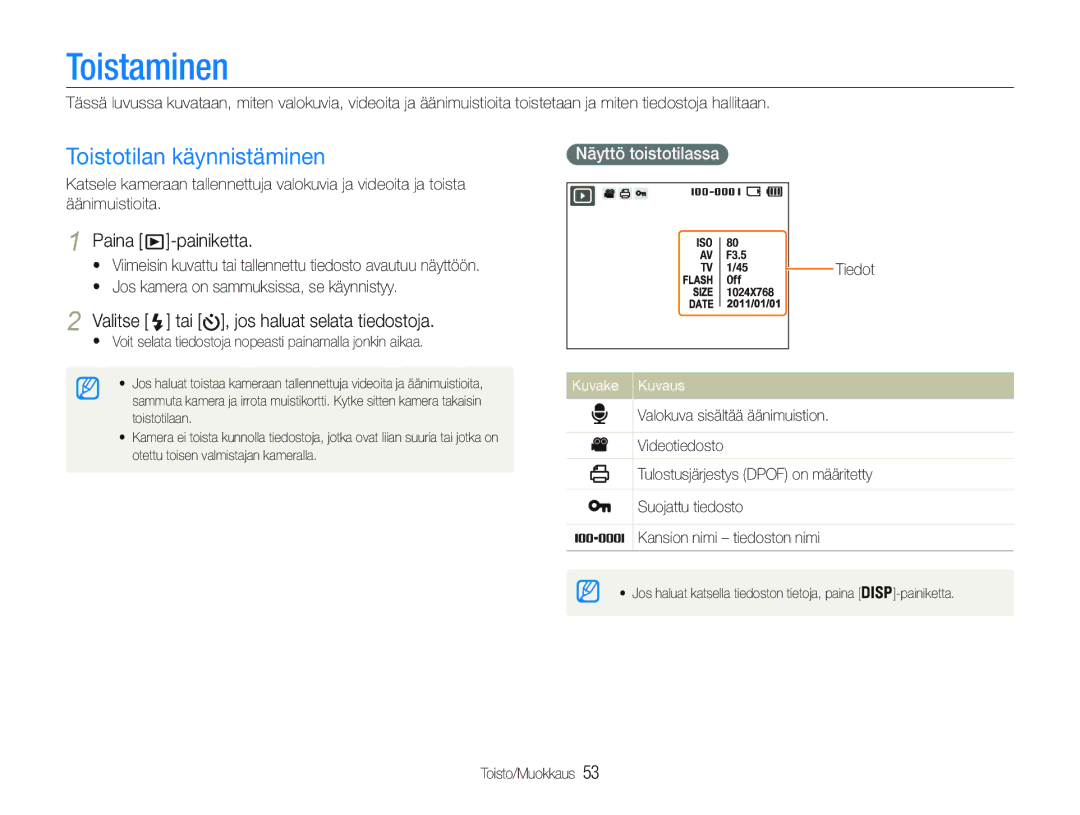 Samsung EC-PL21ZZBPRE2, EC-PL21ZZBPBE2 Toistaminen, Toistotilan käynnistäminen, Paina -painiketta, Näyttö toistotilassa 