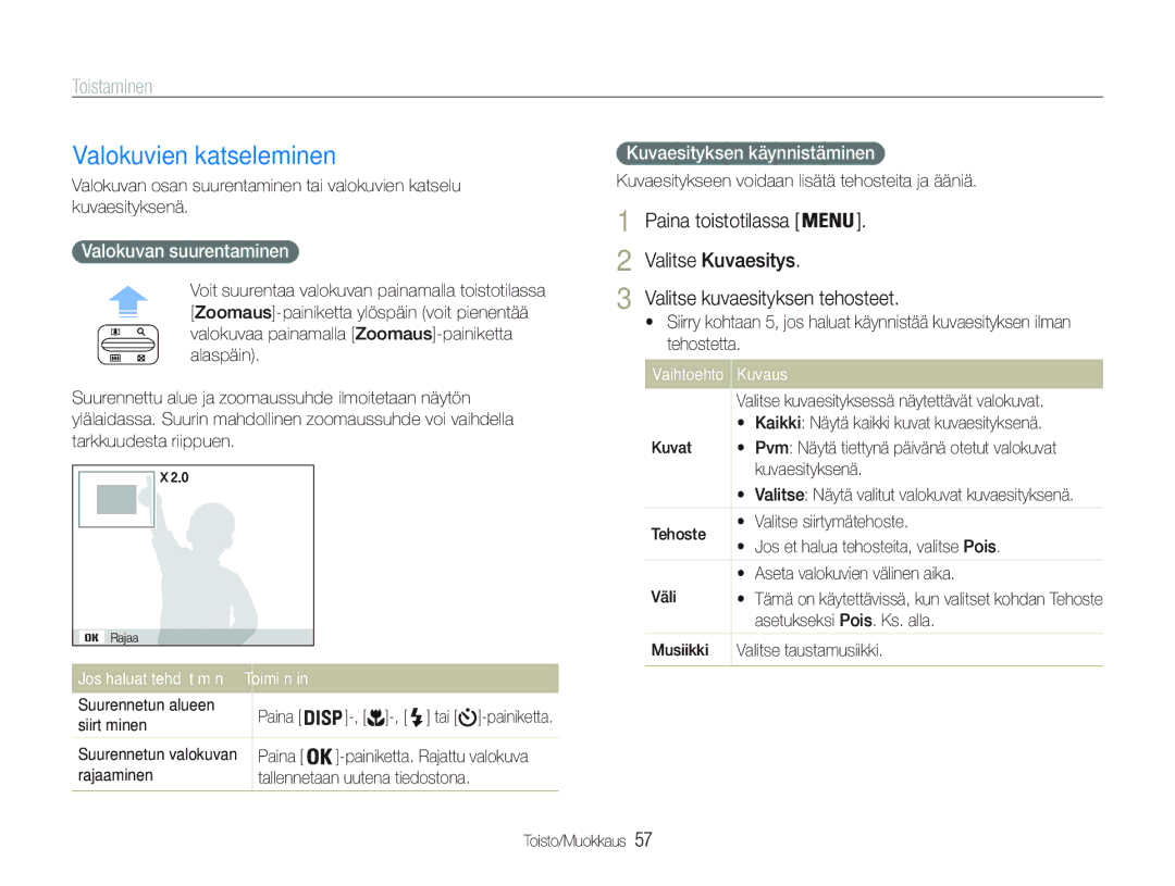 Samsung EC-PL20ZZBPSE2 manual Valokuvien katseleminen, Paina toistotilassa Valitse Kuvaesitys, Valokuvan suurentaminen 