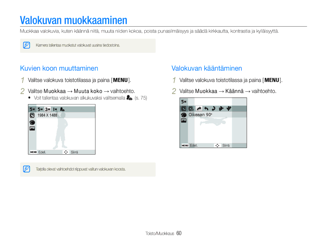 Samsung EC-PL21ZZBPRE2, EC-PL21ZZBPBE2 manual Valokuvan muokkaaminen, Kuvien koon muuttaminen, Valokuvan kääntäminen 