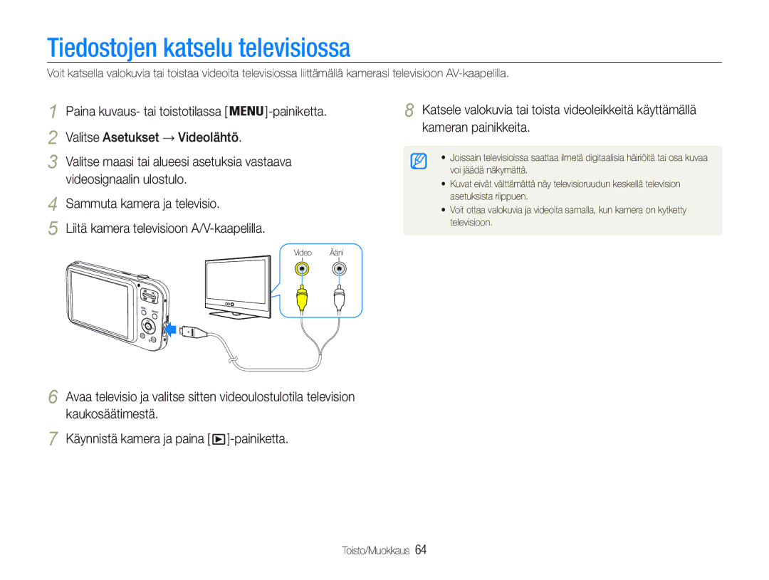 Samsung EC-PL20ZZBPSE2 Tiedostojen katselu televisiossa, Paina kuvaus- tai toistotilassa, Valitse Asetukset Videolähtö 