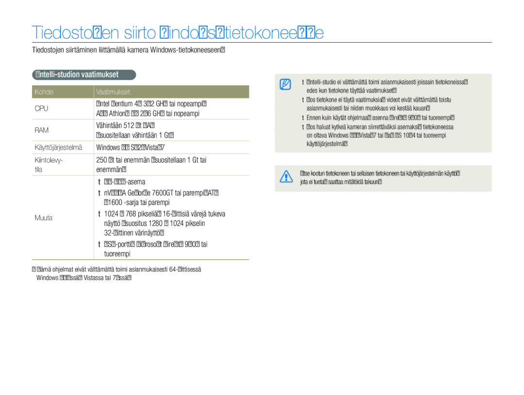 Samsung EC-PL20ZZBPPE2 manual Tiedostojen siirto Windows-tietokoneelle, Intelli-studion vaatimukset, Kohde Vaatimukset 