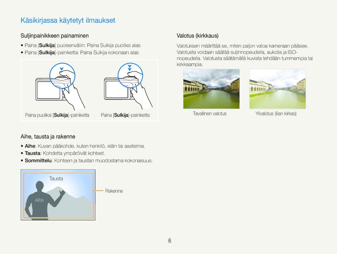 Samsung EC-PL21ZZBPBE2 manual Käsikirjassa käytetyt ilmaukset, Suljinpainikkeen painaminen, Aihe, tausta ja rakenne 