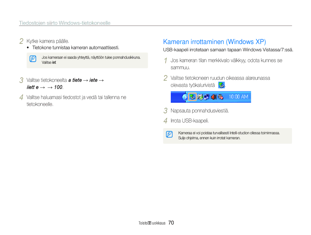 Samsung EC-PL21ZZBPPE2, EC-PL21ZZBPBE2, EC-PL20ZZBPSE2, EC-PL20ZZBPPE2 Kameran irrottaminen Windows XP, Kytke kamera päälle 