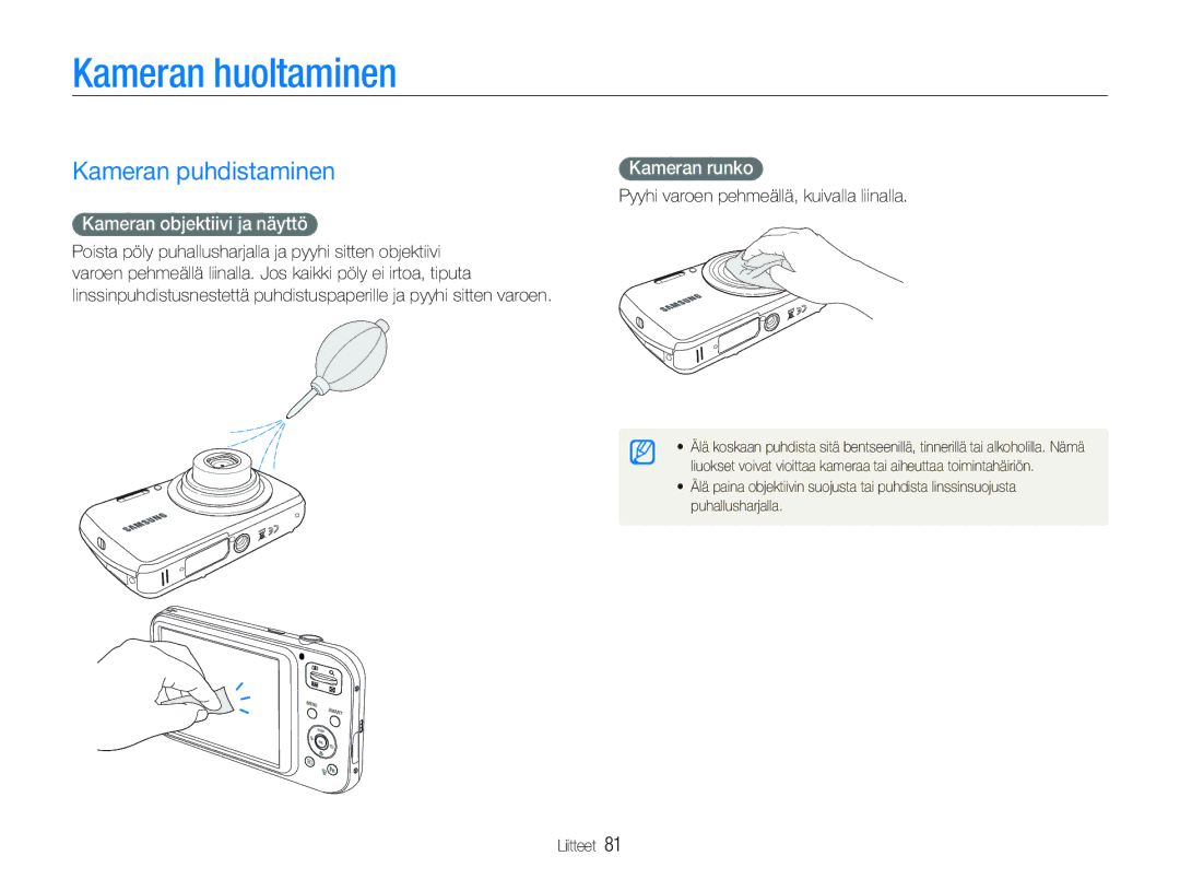 Samsung EC-PL21ZZBPRE2 manual Kameran huoltaminen, Kameran puhdistaminen, Kameran objektiivi ja näyttö, Kameran runko 