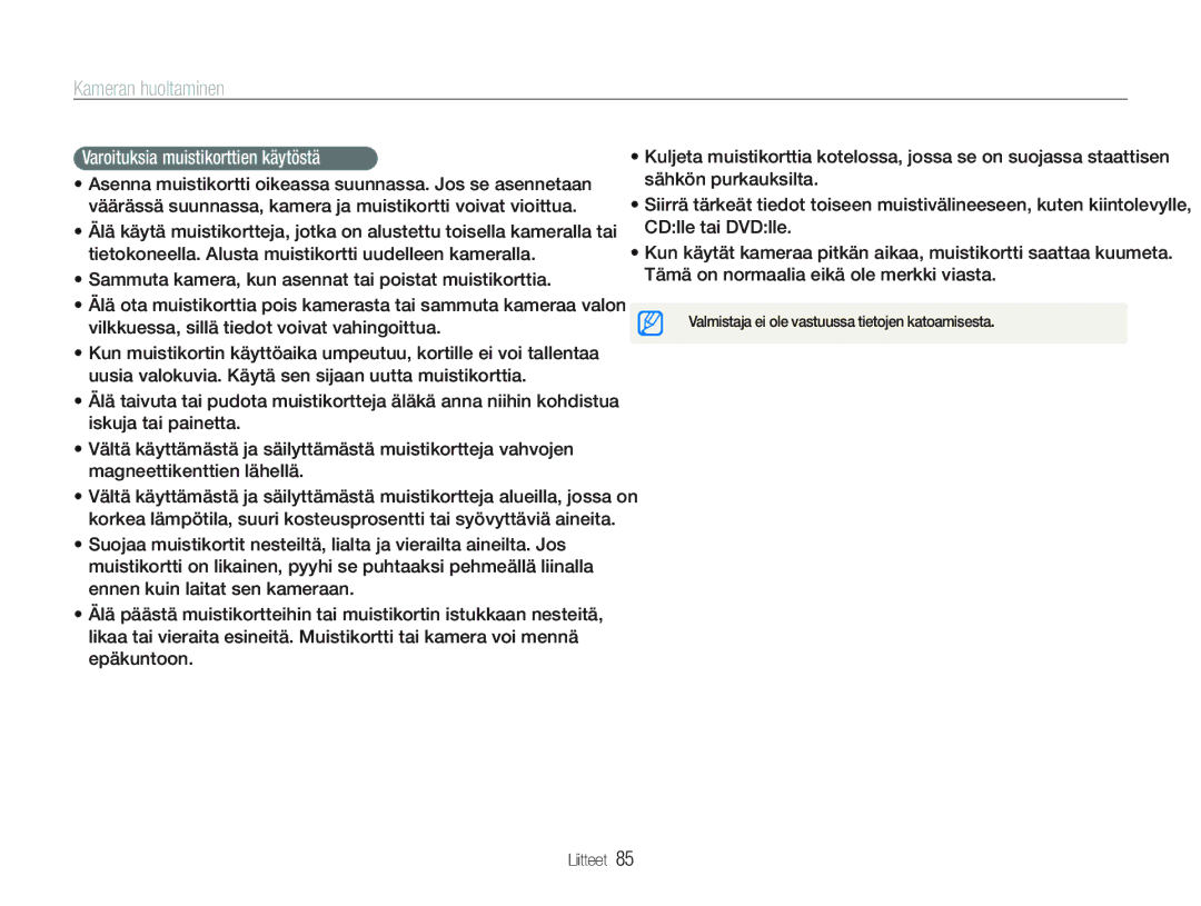 Samsung EC-PL20ZZBPSE2, EC-PL21ZZBPBE2, EC-PL21ZZBPPE2, EC-PL20ZZBPPE2, EC-PL20ZZBPBE2 Varoituksia muistikorttien käytöstä 