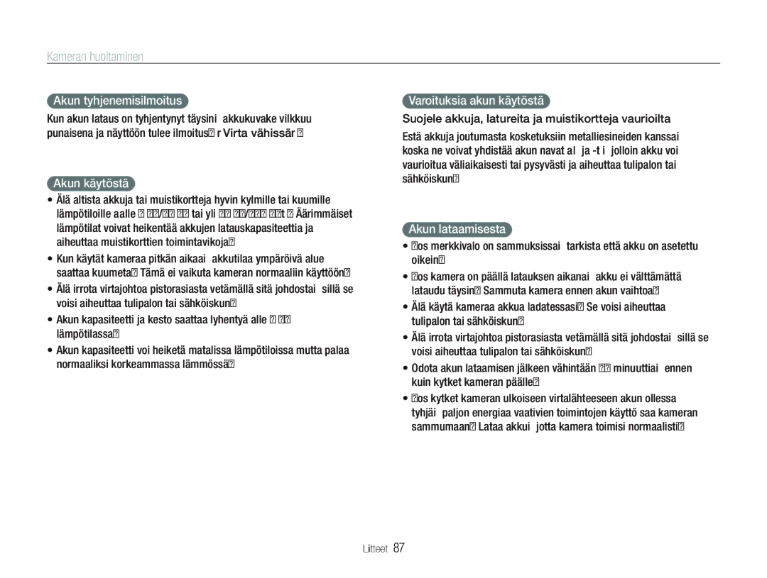 Samsung EC-PL20ZZBPBE2 manual Akun tyhjenemisilmoitus, Akun käytöstä, Varoituksia akun käytöstä, Akun lataamisesta 