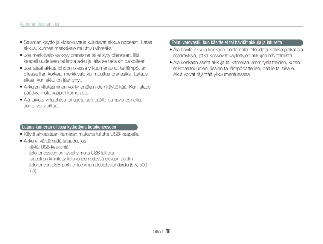 Samsung EC-PL21ZZBPRE2, EC-PL21ZZBPBE2, EC-PL21ZZBPPE2, EC-PL20ZZBPSE2 manual Lataus kameran ollessa kytkettynä tietokoneeseen 