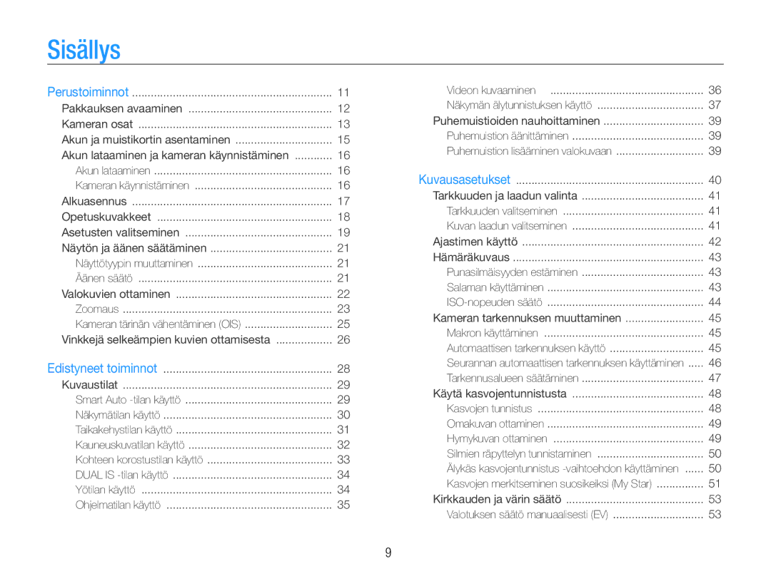 Samsung EC-PL210ZBPBE2, EC-PL21ZZBPBE2, EC-PL21ZZBPPE2, EC-PL210ZBPPE2 Sisällys, Akun lataaminen ja kameran käynnistäminen 