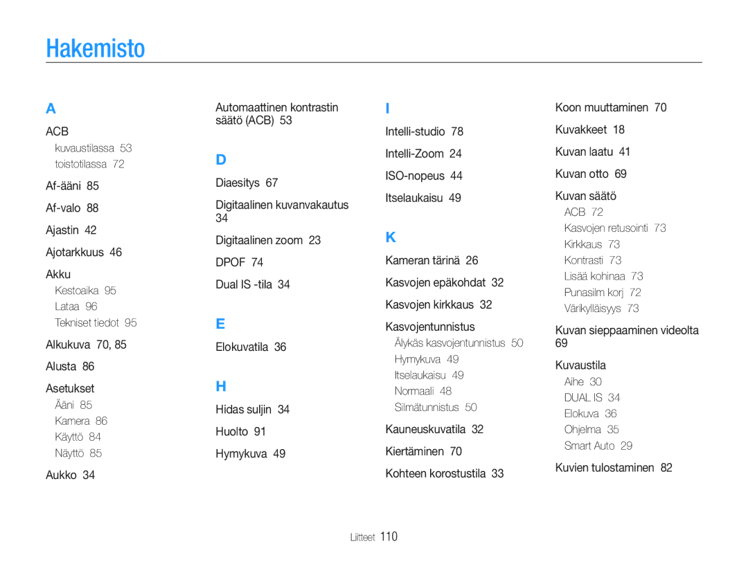 Samsung EC-PL211ZBPBE2, EC-PL21ZZBPBE2 manual Hakemisto, Ääni 85 Kamera 86 Käyttö 84 Näyttö, Elokuva Ohjelma Smart Auto 