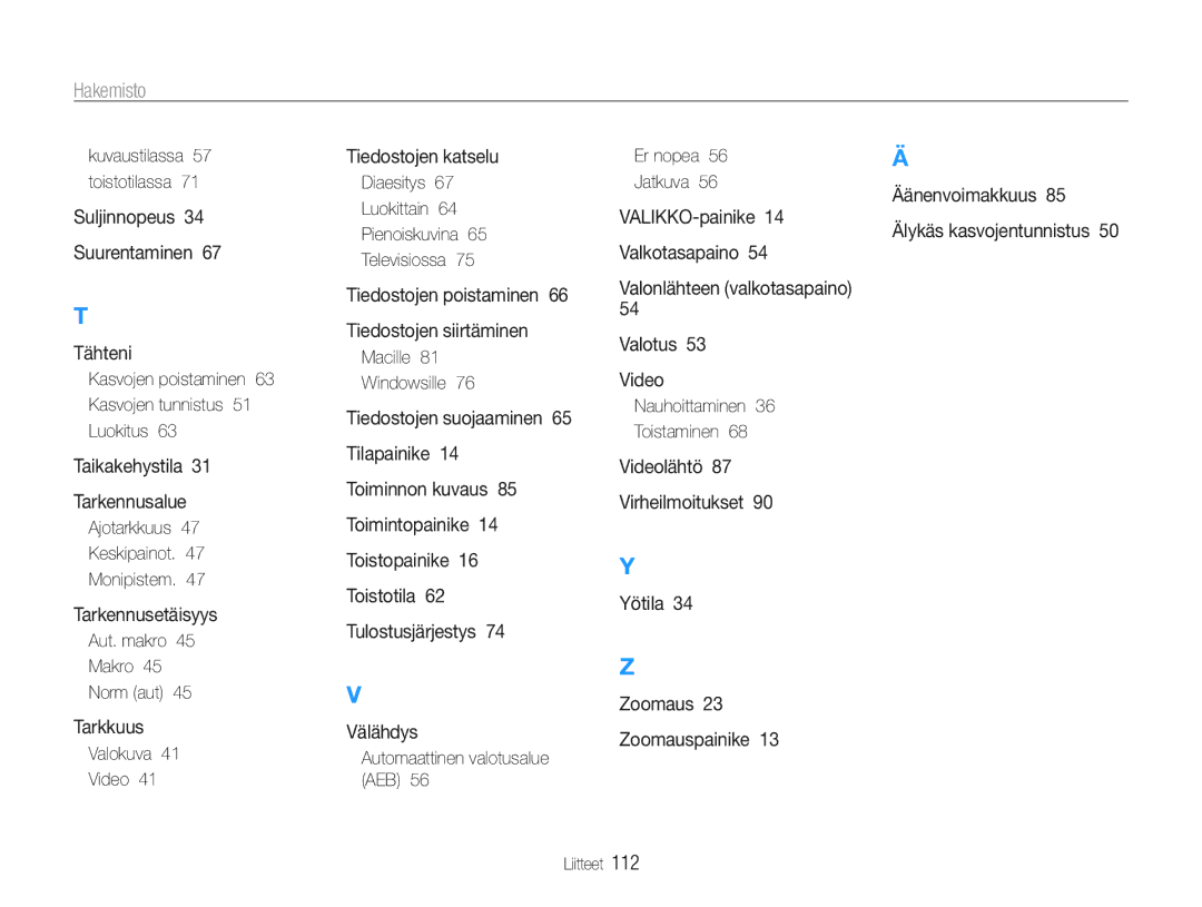 Samsung EC-PL21ZZBPRE2 manual Kasvojen poistaminen 63 Kasvojen tunnistus 51 Luokitus, Ajotarkkuus Keskipainot Monipistem 