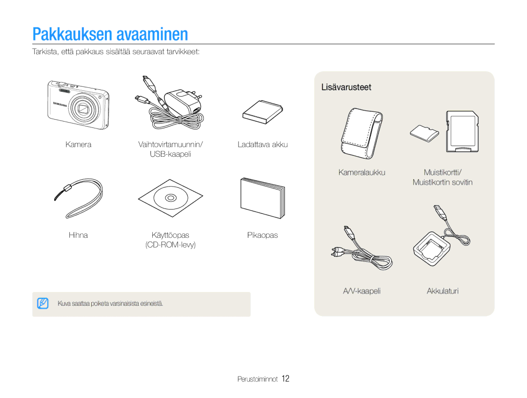 Samsung EC-PL21ZZBPPE2, EC-PL21ZZBPBE2, EC-PL210ZBPPE2, EC-PL211ZBPBE2, EC-PL210ZBPBE2 Pakkauksen avaaminen, Lisävarusteet 