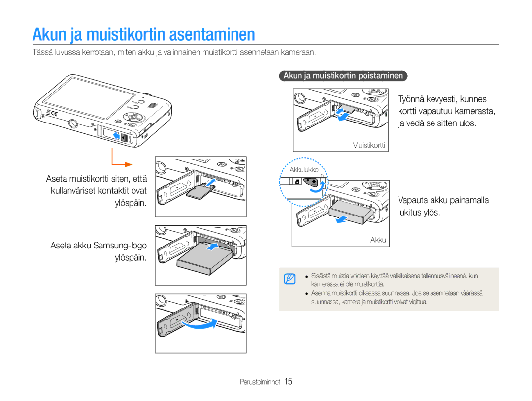 Samsung EC-PL210ZBPBE2, EC-PL21ZZBPBE2 manual Akun ja muistikortin asentaminen, Vapauta akku painamalla lukitus ylös 