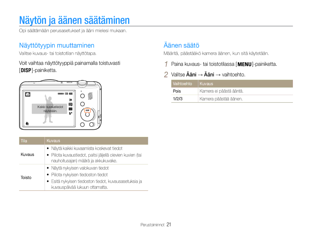 Samsung EC-PL210ZBPBE2, EC-PL21ZZBPBE2, EC-PL21ZZBPPE2 Näytön ja äänen säätäminen, Näyttötyypin muuttaminen, Äänen säätö 