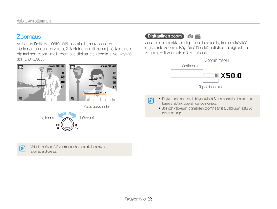 Samsung EC-PL21ZZBPBE2, EC-PL21ZZBPPE2, EC-PL210ZBPPE2, EC-PL211ZBPBE2 manual Zoomaus, Valokuvien ottaminen, Digitaalinen zoom 