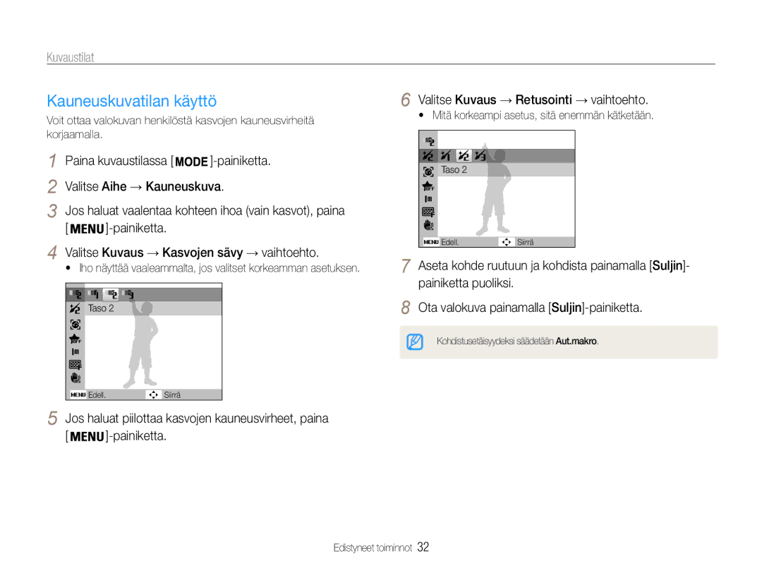 Samsung EC-PL211ZBPBE2, EC-PL21ZZBPBE2, EC-PL21ZZBPPE2 Kauneuskuvatilan käyttö, Valitse Kuvaus → Retusointi → vaihtoehto 