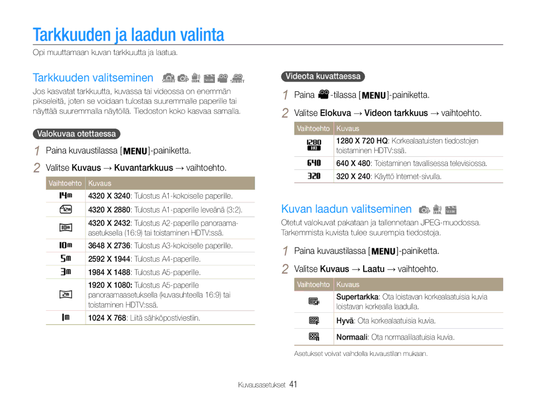 Samsung EC-PL21ZZBPBE2, EC-PL21ZZBPPE2 Tarkkuuden ja laadun valinta, Tarkkuuden valitseminen, Kuvan laadun valitseminen 