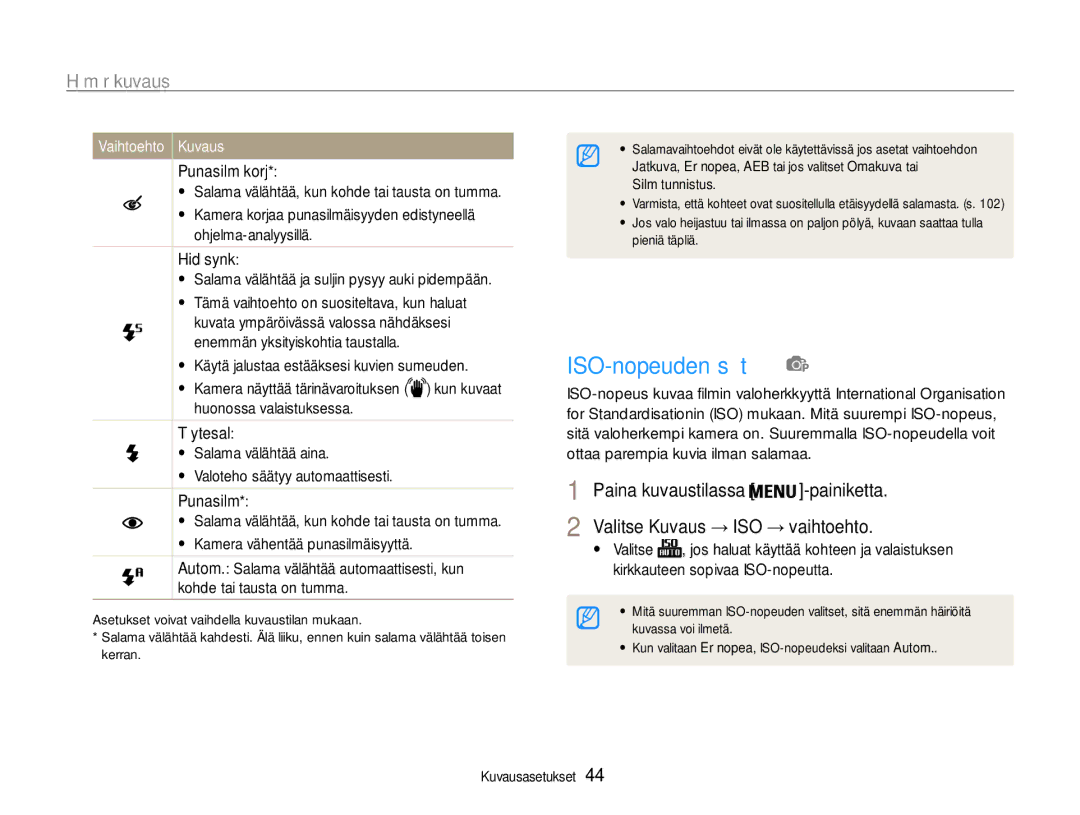 Samsung EC-PL211ZBPBE2, EC-PL21ZZBPBE2, EC-PL21ZZBPPE2, EC-PL210ZBPPE2, EC-PL210ZBPBE2 manual ISO-nopeuden säätö, Hämäräkuvaus 