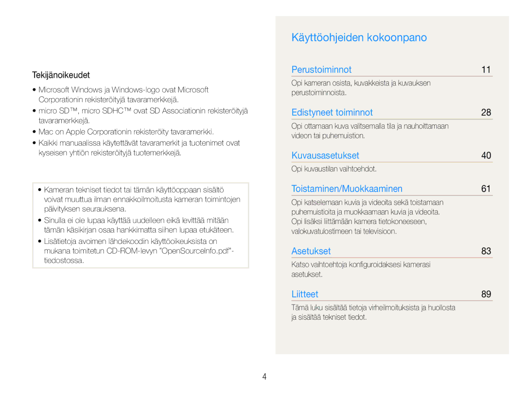 Samsung EC-PL21ZZBPRE2, EC-PL21ZZBPBE2, EC-PL21ZZBPPE2, EC-PL210ZBPPE2 manual Käyttöohjeiden kokoonpano, Tekijänoikeudet 