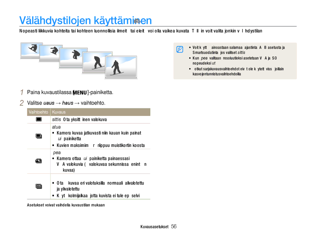 Samsung EC-PL211ZBPBE2, EC-PL21ZZBPBE2, EC-PL21ZZBPPE2 Välähdystilojen käyttäminen, Valitse Kuvaus → Ohjaus → vaihtoehto 