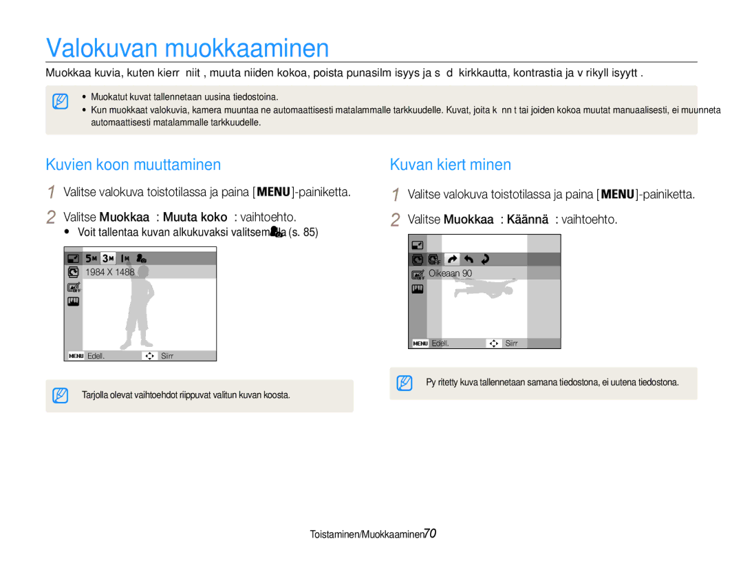 Samsung EC-PL21ZZBPRE2, EC-PL21ZZBPBE2, EC-PL21ZZBPPE2 Valokuvan muokkaaminen, Kuvien koon muuttaminen, Kuvan kiertäminen 