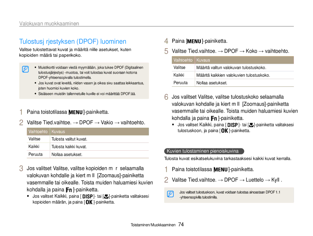 Samsung EC-PL211ZBPBE2, EC-PL21ZZBPBE2 manual Tulostusjärjestyksen Dpof luominen, Kuvien tulostaminen pienoiskuvina 