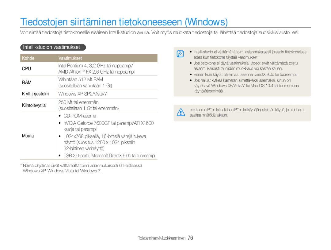 Samsung EC-PL21ZZBPRE2 Tiedostojen siirtäminen tietokoneeseen Windows, Intelli-studion vaatimukset, Kohde Vaatimukset 