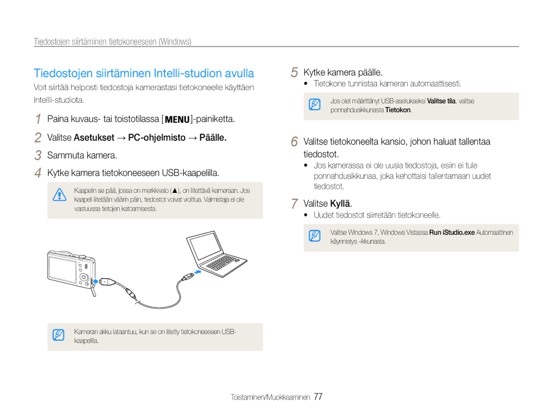 Samsung EC-PL21ZZBPBE2 Tiedostojen siirtäminen Intelli-studion avulla, Tiedostojen siirtäminen tietokoneeseen Windows 