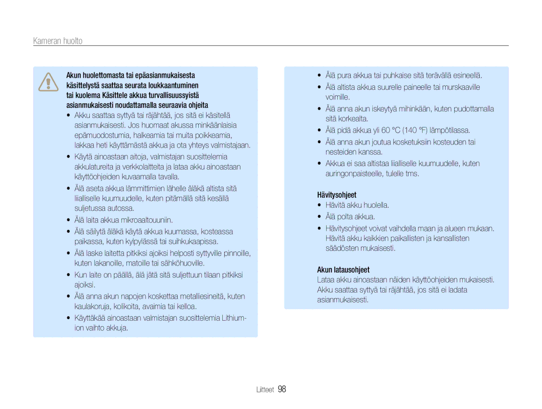 Samsung EC-PL211ZBPBE2, EC-PL21ZZBPBE2, EC-PL21ZZBPPE2, EC-PL210ZBPPE2, EC-PL210ZBPBE2, EC-PL21ZZBPRE2 manual Kameran huolto 