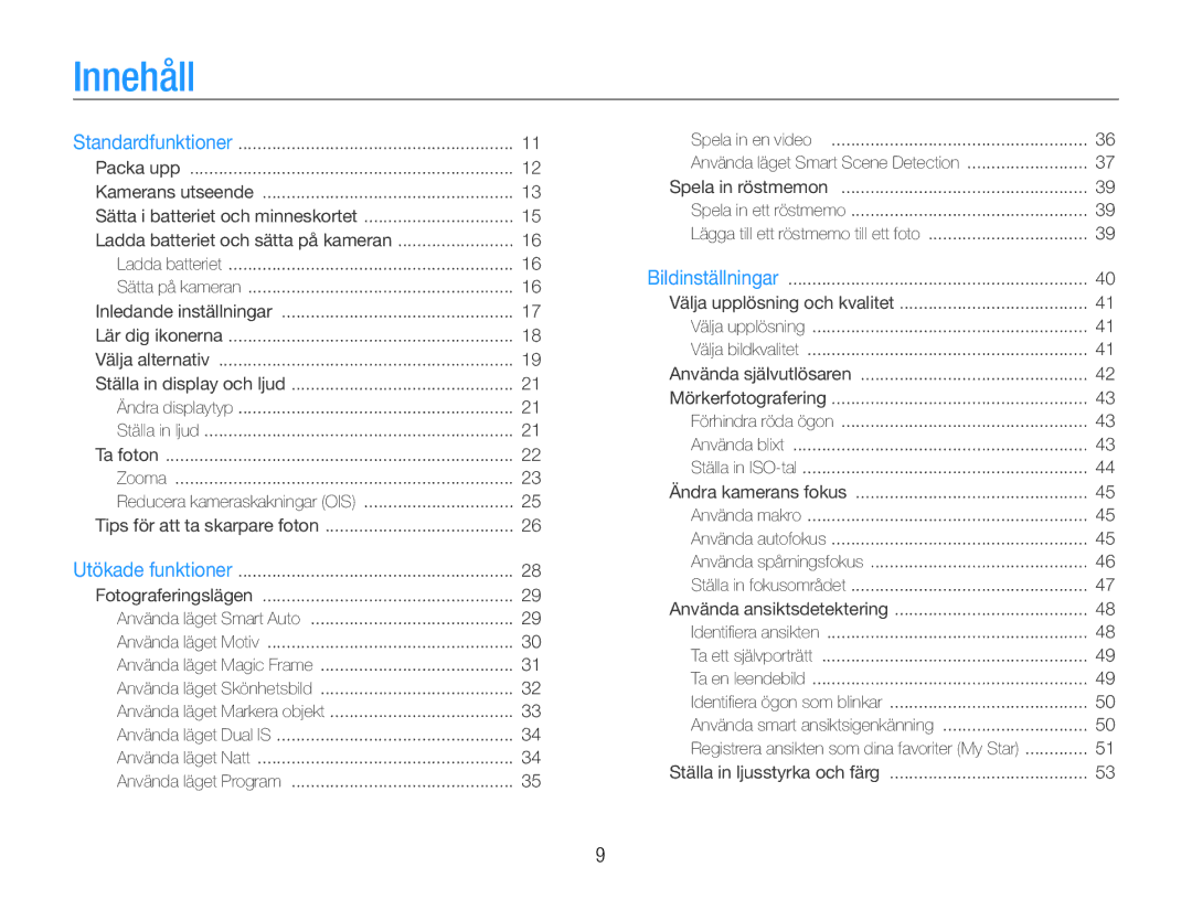 Samsung EC-PL210ZBPBE2, EC-PL21ZZBPBE2, EC-PL21ZZBPPE2, EC-PL210ZBPPE2, EC-PL211ZBPBE2, EC-PL21ZZBPRE2 manual Innehåll 