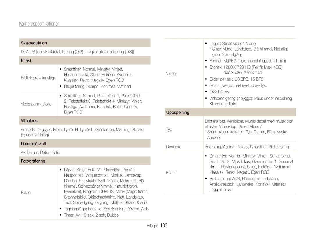 Samsung EC-PL210ZBPPE2, EC-PL21ZZBPBE2, EC-PL21ZZBPPE2, EC-PL211ZBPBE2, EC-PL210ZBPBE2 manual Kameraspecifikationer, 103 