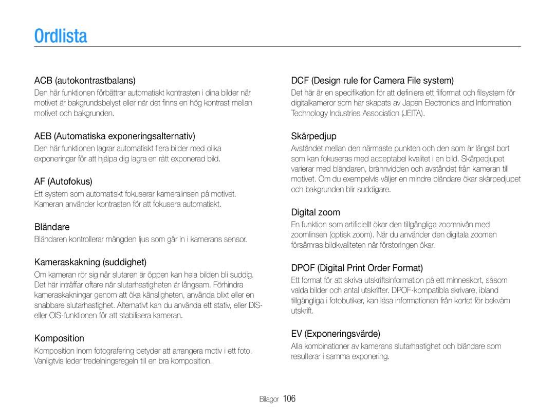 Samsung EC-PL21ZZBPRE2, EC-PL21ZZBPBE2, EC-PL21ZZBPPE2, EC-PL210ZBPPE2, EC-PL211ZBPBE2, EC-PL210ZBPBE2 manual Ordlista 